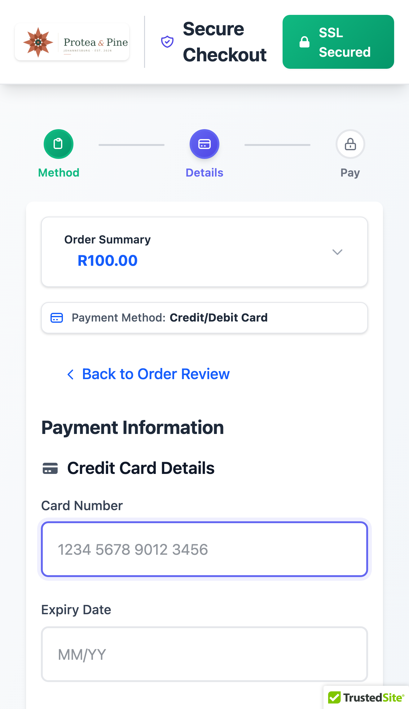 Protea & Pine hosted checkout on a phone - card details entered on the merchant-branded payment page.