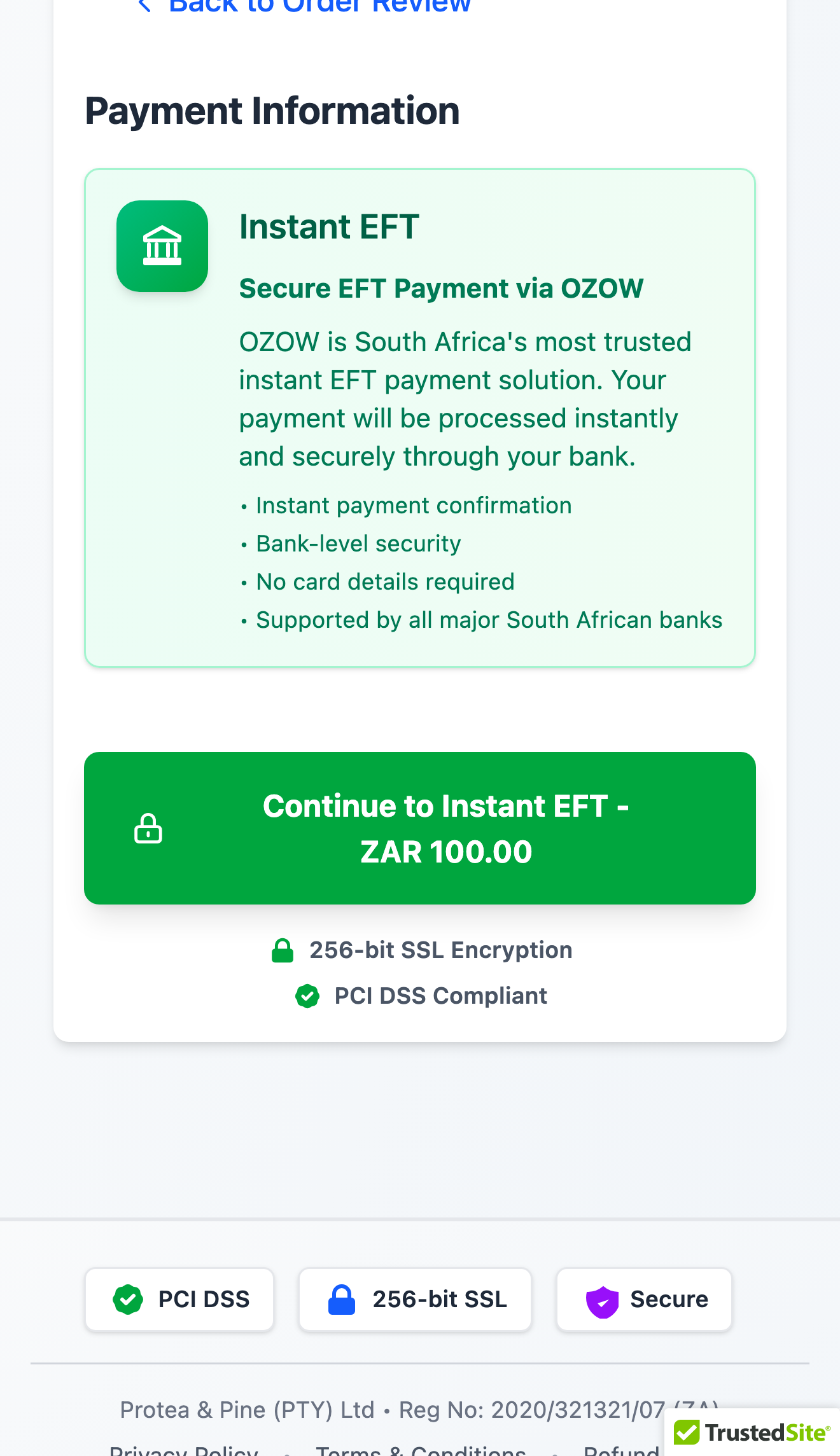 Protea & Pine hosted checkout on a phone - the Instant EFT step on the merchant-branded payment page.