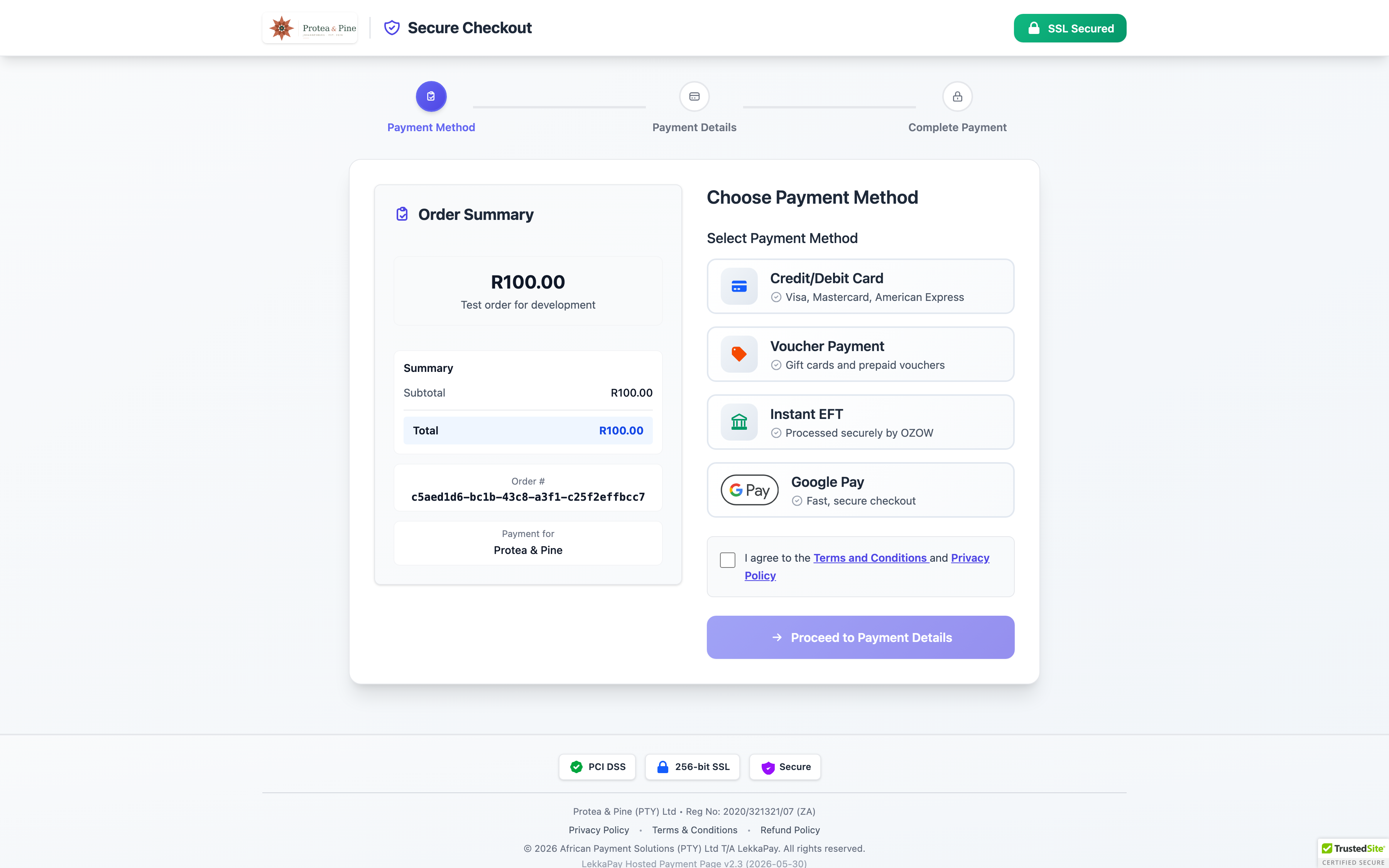 Protea & Pine hosted checkout on desktop - the branded page where the customer chooses how to pay.