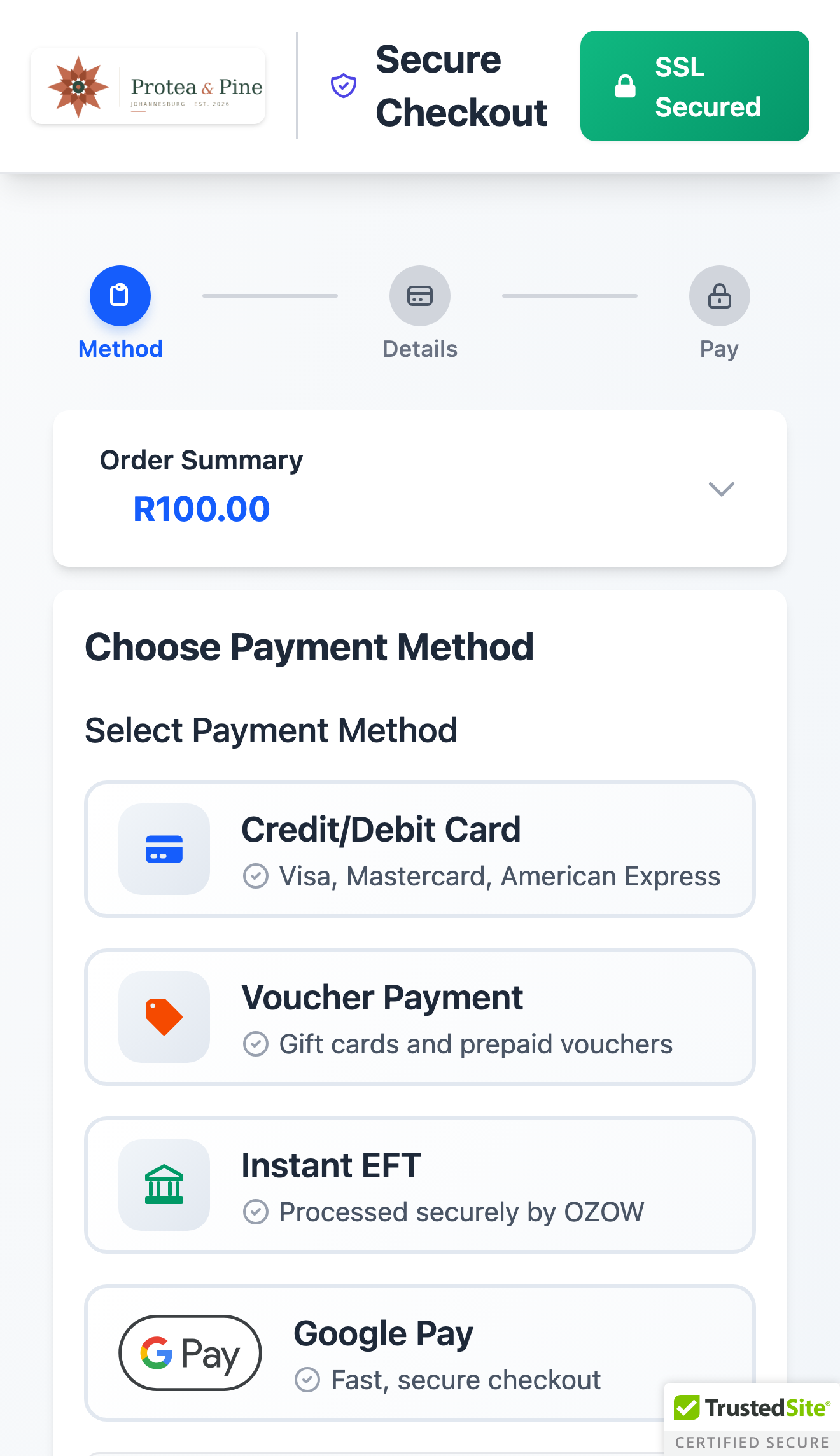 Protea & Pine hosted checkout on a phone - choosing between card, voucher, Instant EFT and Google Pay.
