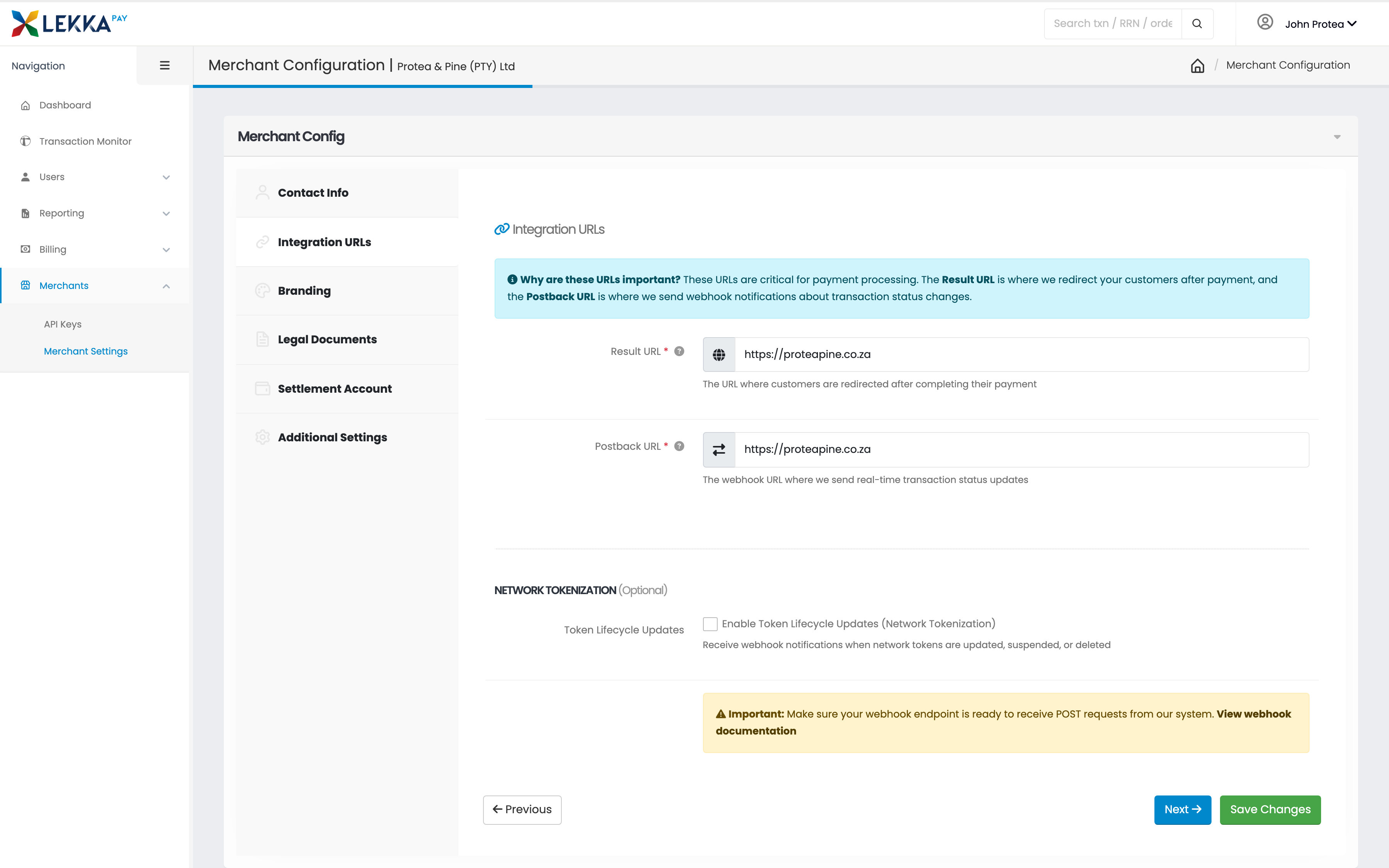 LekkaPay back office - webhook configuration for Protea & Pine with result and postback URLs.