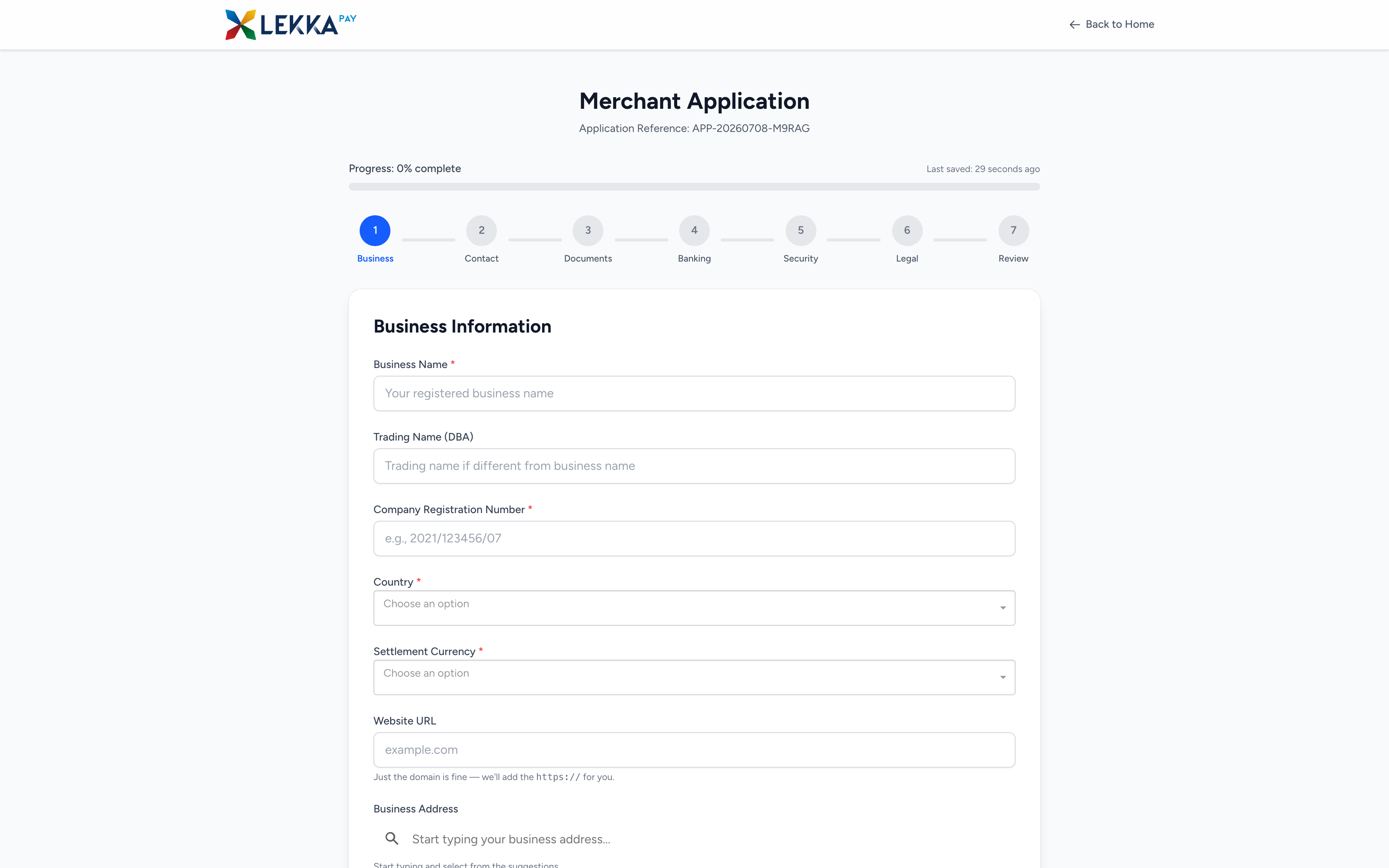 LekkaPay merchant application - a short seven-step form beginning with business information.