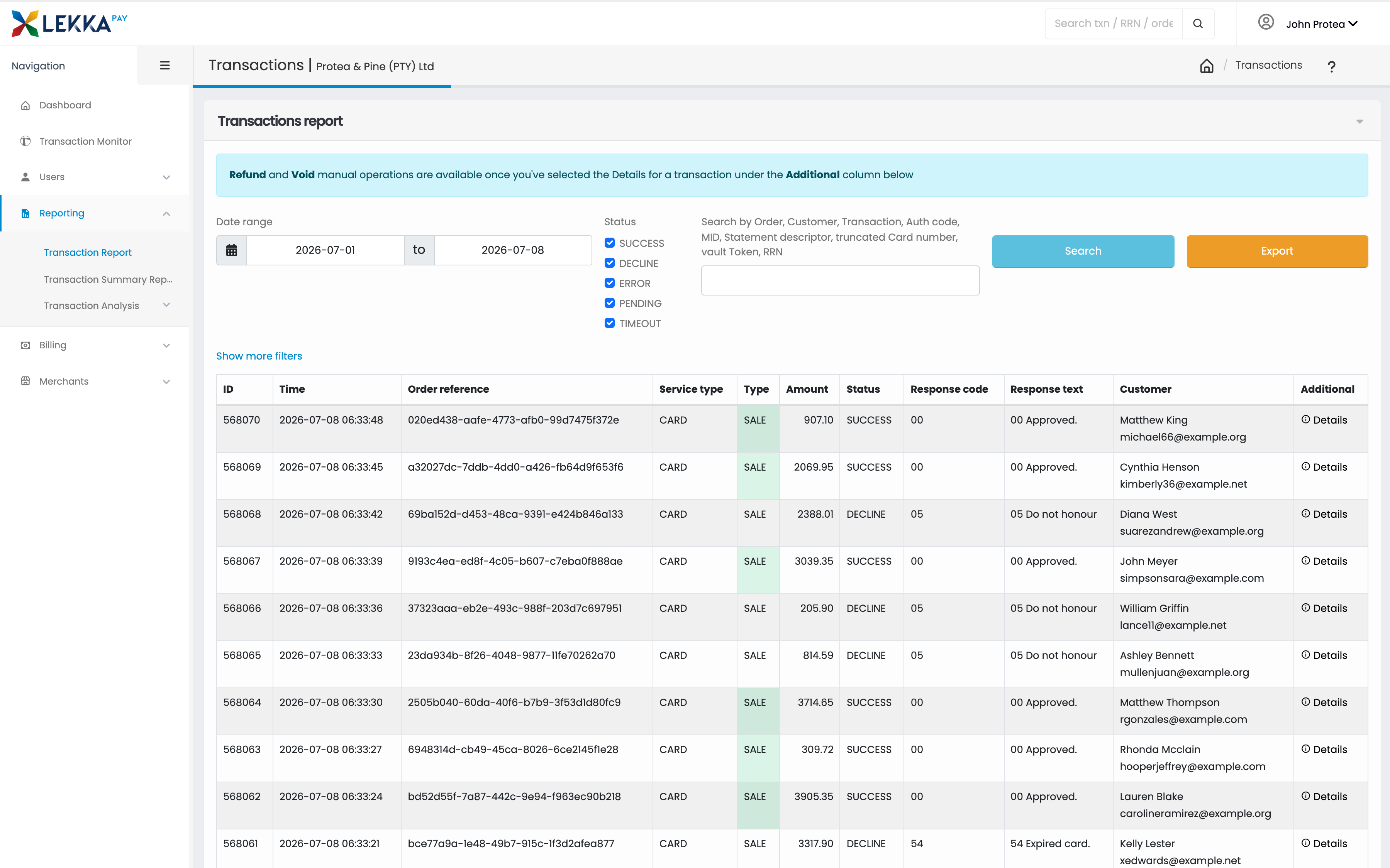 LekkaPay back office - transaction report for Protea & Pine with per-payment status, amounts and a one-click export.